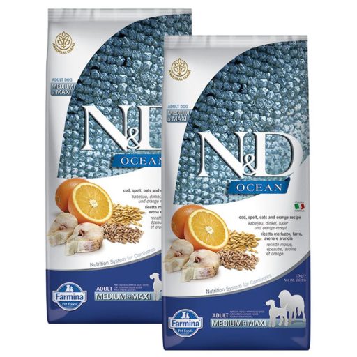 N&D Dog Ocean Tőkehal, Tönköly, Zab és Narancs Adult Medium Maxi 12kg