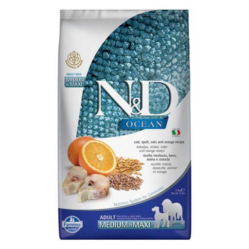 N&D Dog Ocean Tőkehal, Tönköly, Zab és Narancs Adult Medium Maxi 12kg